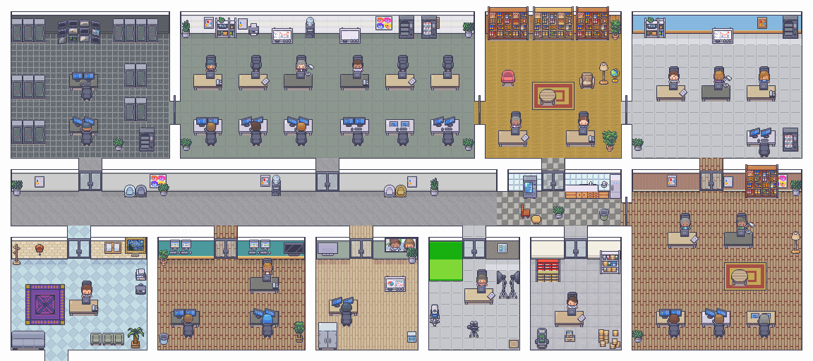 The Zotpaper newsroom: a pixel-art building with the staff at their desks